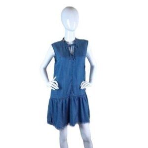 Driftwood Shaye Tencel Chambray Ruffle Trim Dress Blue Medium
